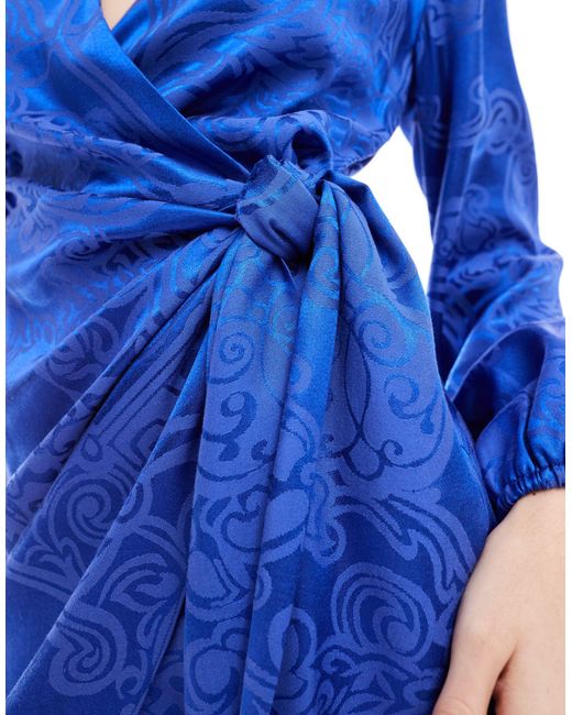 Never Fully Dressed Blue Vienna Satin Jacquard Wrap Mini Dress