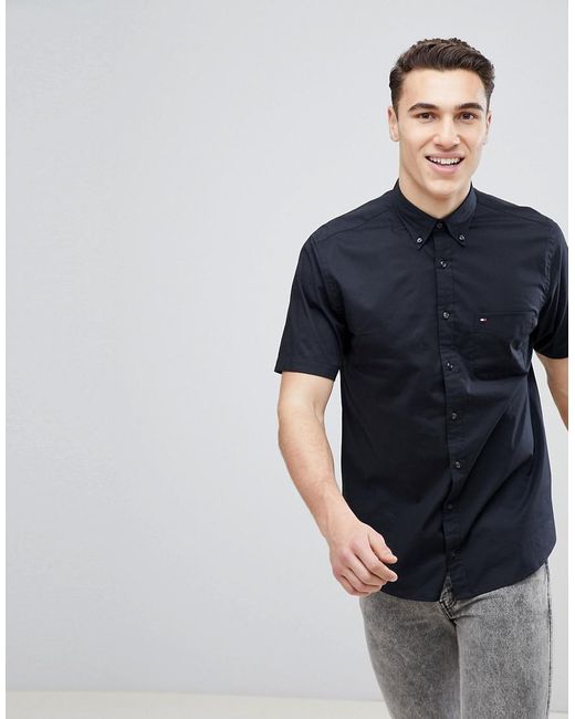 Tommy Hilfiger Short Sleeve Stretch Poplin Button Down Shirt Flag Logo Regular Fit In Black Tommy Hilfiger Short Sleeve Stretch Poplin Button Down Shirt Flag Logo Regular Fit In Black