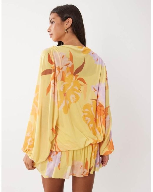 ASOS Yellow Mesh Floral Print Blouson Drape Mini Dress
