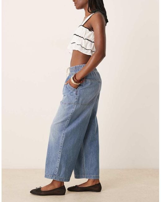 Free People Blue Tie-detail Barrel Leg Pull-on Jeans