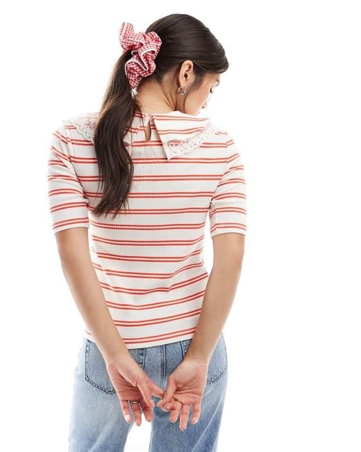 Top A Maniche Corte Bianco E Rosso A Righe A Coste Con Colletto Con Finiture All'Uncinetto di Pieces in Pink