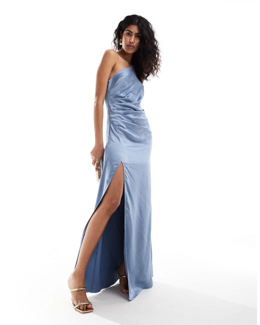 Pretty Lavish Blue Bridesmaid Ruched One Shoulder Satin Maxi Dress
