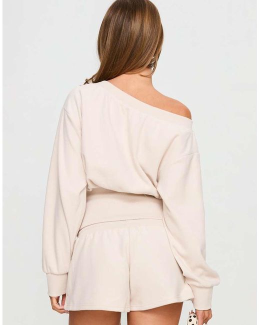 Princess Polly Natural Cassey Asymmetric Off Shoulder Ribbed Fitted Waist Sweatshirt