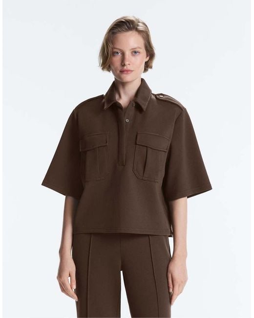 Oysho Brown Utility Short-Sleeve Sweatshirt With Cotton Piqué