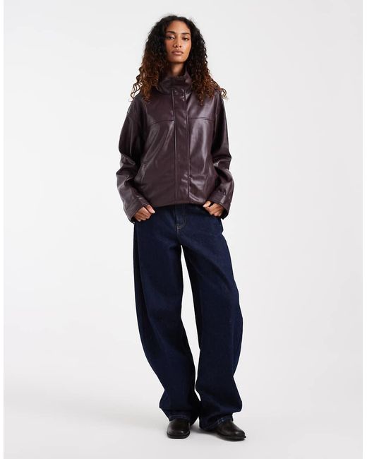 ASOS Brown Asos Design Tall Clean Leather Look Funnel Track Bomber Jacket