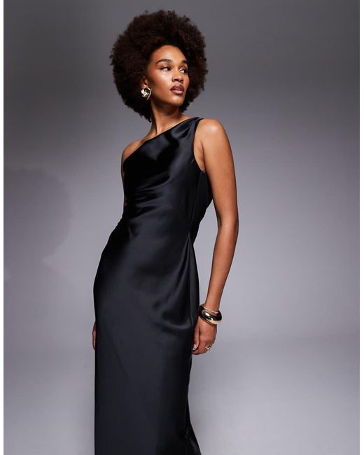 ASOS Gray Asos Design Tall One Shoulder Asymmetric Drape Satin Maxi Dress