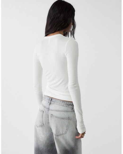 Stradivarius Natural – langärmliges, geripptes shirt
