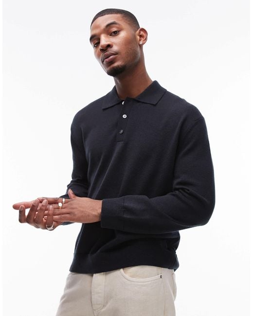 ARKET Blue Merino Wool Knitted Long Sleeve Polo Shirt for men