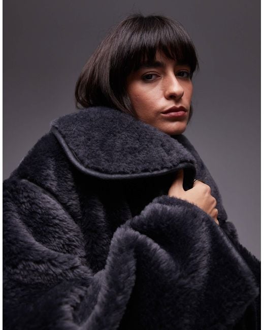 ARKET Black Oversized Faux Shearling Jacket With Funnel Neck And Contrast Edging