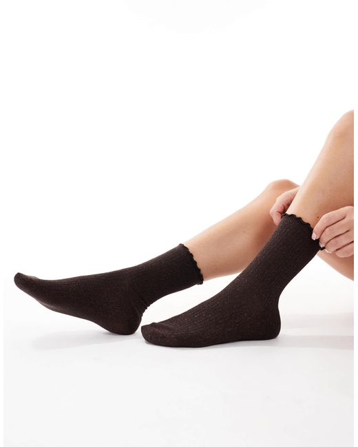 Vero Moda Brown Glitter Sock With Frill Edge