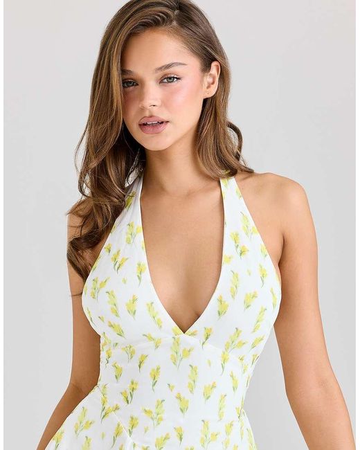 House Of Cb White Iris Lemon Floral Print Georgette Halter Neck Mini Dress