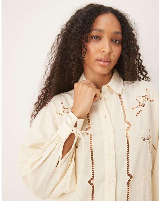 ASOS Natural Twill Broderie Mini Shirt Dress With Tonal Stitching