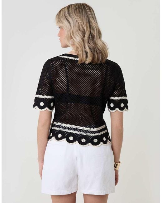 Threadbare Black Crochet Flower Hem Button Up Top