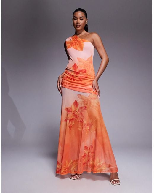 ASOS Orange – maxikleid mit one-shoulder-träger, kontrastierendem oberteil und transparentem rock mit print