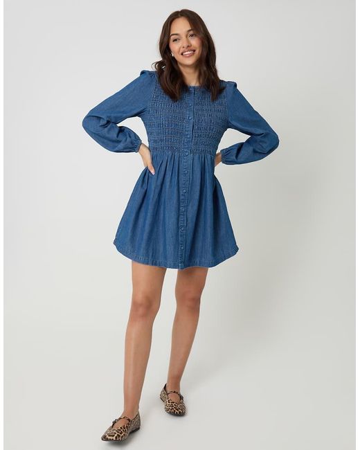 Threadbare Blue Shirred Denim Button Up Mini Dress