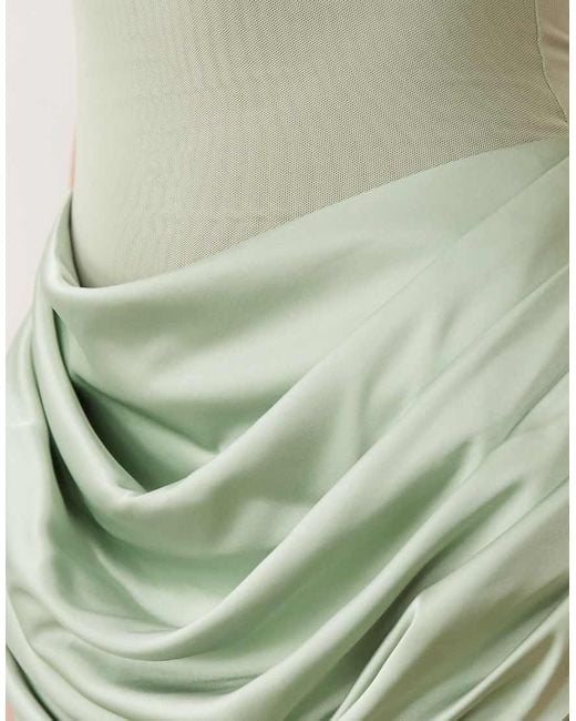 Wanderdoll Green Eman Sleeveless Slash Neck Satin Drape Waist Detail Bodycon Maxi Dress