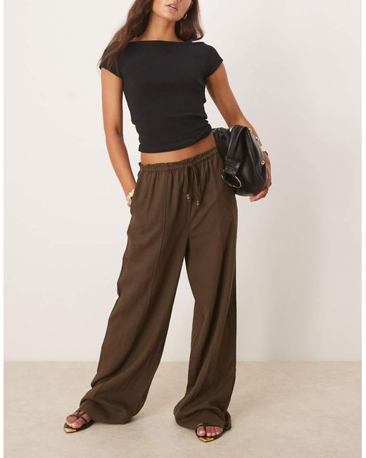 Mango Brown Linen Mix Drawstring Straight Trouser