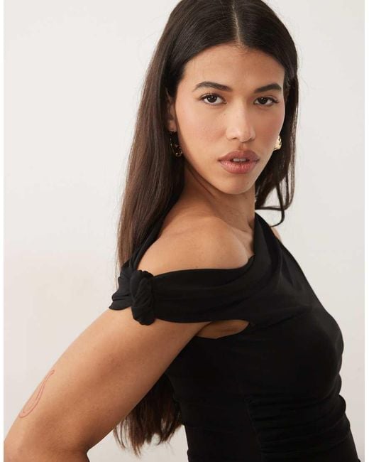 ASOS Black Slinky Knot Shoulder Top With Asymmetric Hem