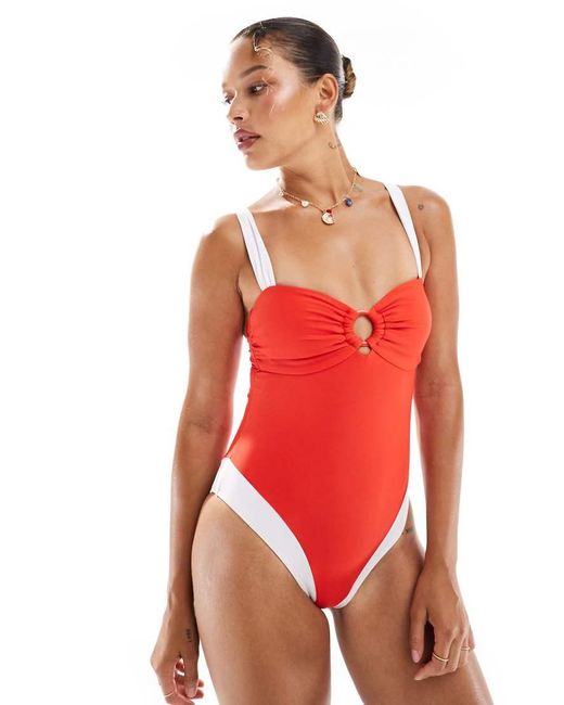 New Look Red Colour Block Ring Detail Swimsuit