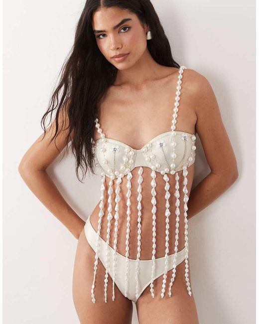 ASOS Brown Embellished Pearl Fringe Bikini Top