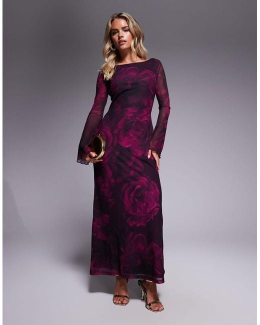 Forever New Purple Long Sleeve Mesh Slip Maxi Dress
