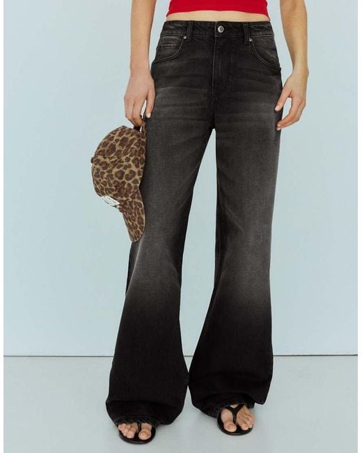 Bershka White High-Waist Wide-Leg Ripped Jeans