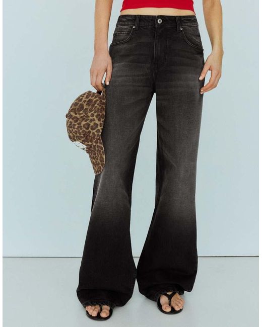 Bershka Black Tall High-Waist Wide-Leg Ripped Jeans