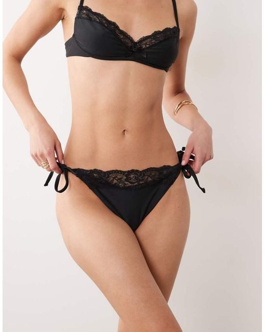 Miss Selfridge Black Lace Trim Tie Side Bikini Bottom