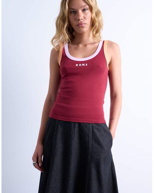 Camiseta De Tirantes Con Ribetes En Contraste Y Bordado "Roma" De Canalé De -Rojo TOPSHOP de color Red