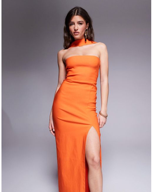 Vesper Orange Bengaline Choker Neck Detail Bandeau Side Split Maxi Dress