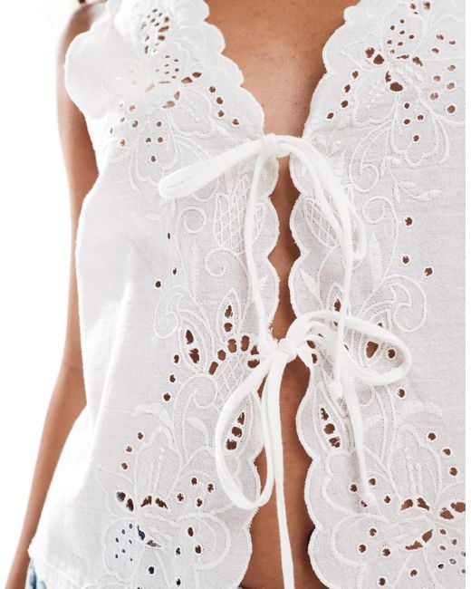 Vero Moda White Embroidered Cutwork Sleeveless Tie Front Top