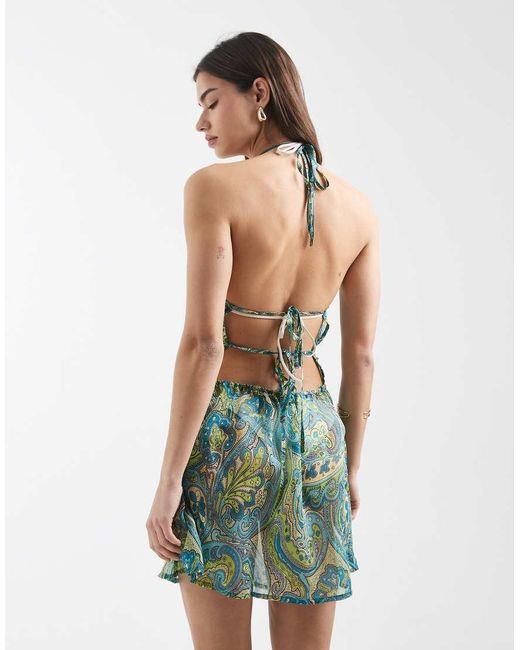 Aray Blue Halterneck Sheer Mini Beach Dress
