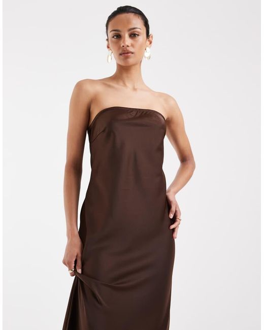 Object Brown Bandeau Satin Maxi Dress
