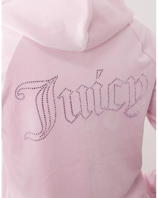 Juicy Couture Pink Velour Diamante Logo Detail Zip Through Hoodie