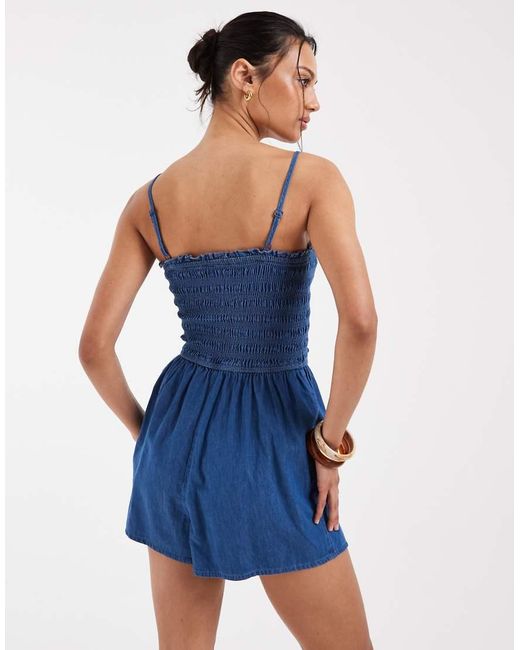 ASOS Blue Denim Shirred Playsuit