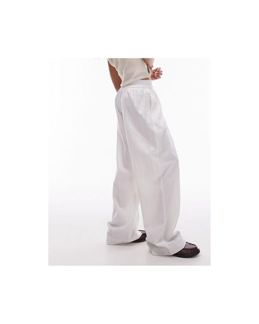 TOPSHOP White Linen High Waist Pull On Straight Leg Pants