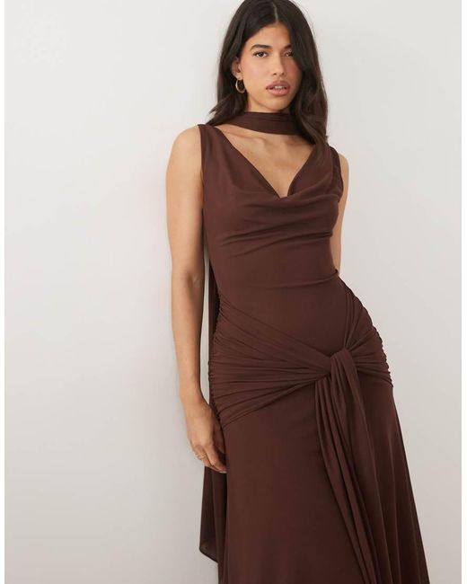 Forever New Brown Scarf Neck Maxi Dress With Tie Waist Detail