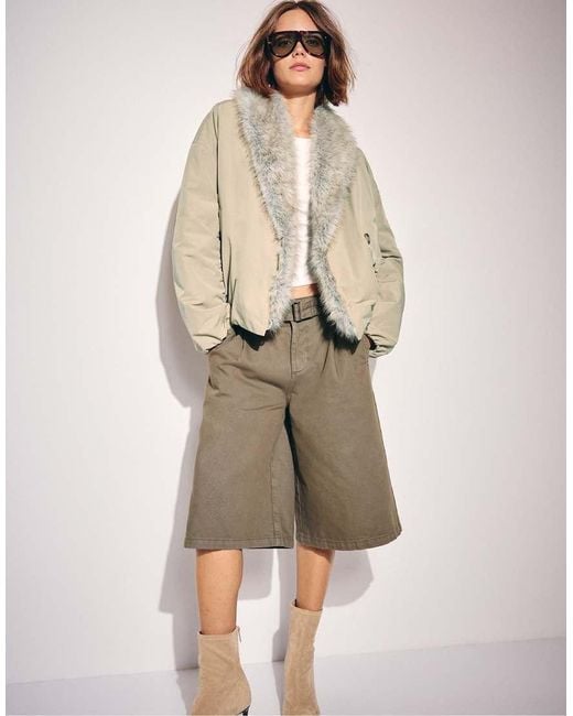 Stradivarius Natural Padded Shawl Neck Faux Fur Jacket