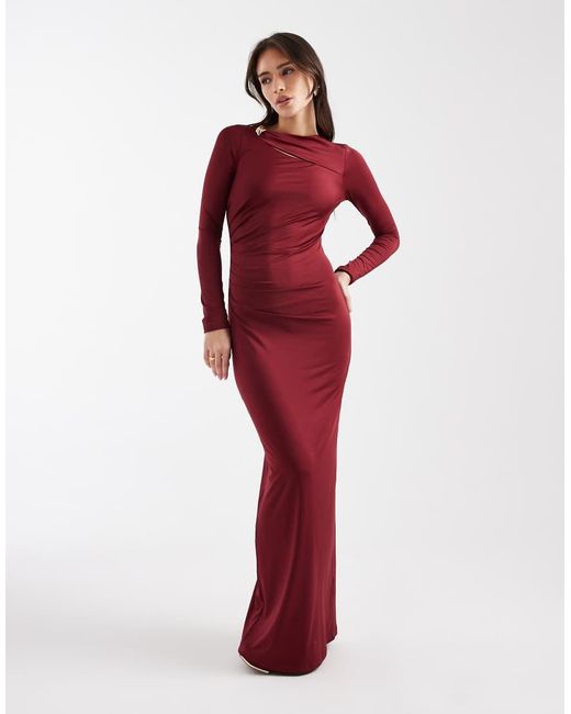 4th & Reckless Red Ruched Side Long Sleeve Metal Cut Out Detail Maxi Dress