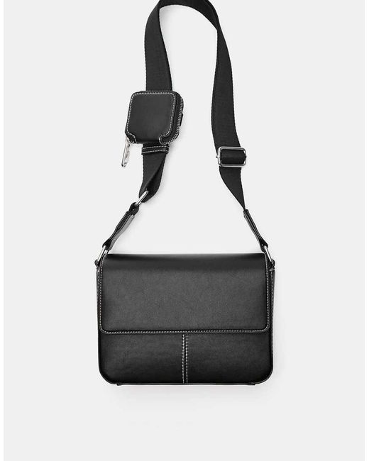 Pull&Bear Black Crossbody Bag With Topstitching for men
