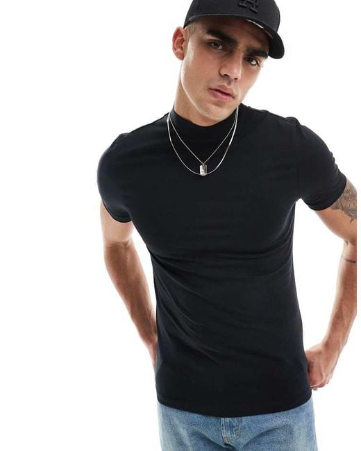 ASOS Black Essential Muscle Fit High Neck T-Shirt for men