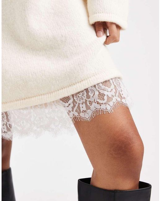 ASOS Natural Knitted Mini Dress With Lace Trim Detail