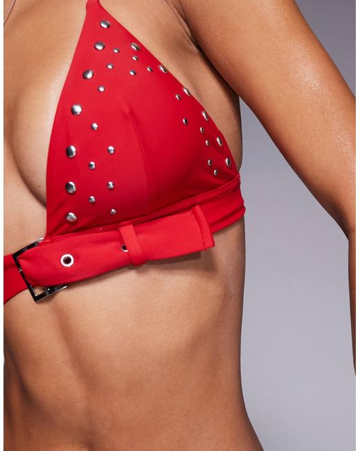 ASOS Red Pippa Buckled Triangle Bikini Top With Stud Detail