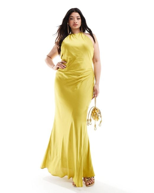 Tfnc Plus Yellow Tfnc Bridesmaids Plus Satin Maxi Dress With Tie Back And Button Detail