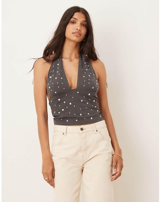 Top De Mezcla De Algodón Con Cuello Halter Y Tachuelas De Mango de color Gray