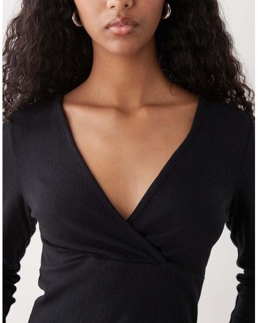 Collusion Black Long Sleeve V Neck Wrap Top