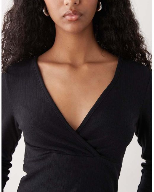 Collusion Black Long Sleeve V Neck Wrap Top