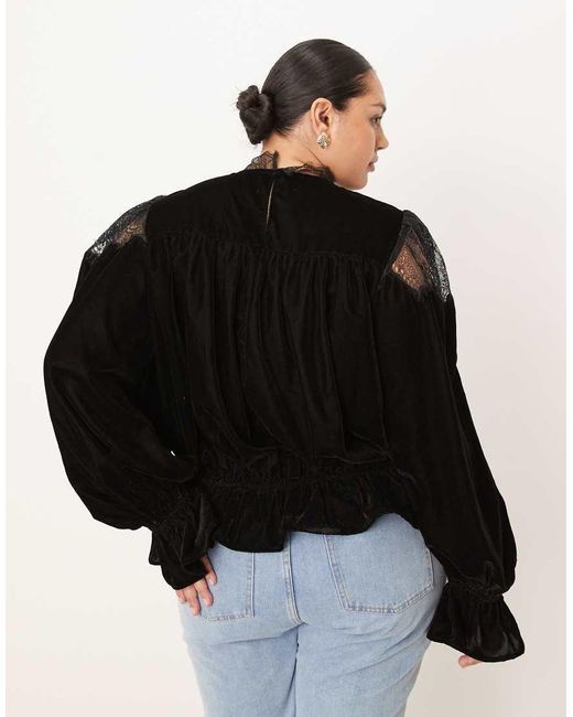 ASOS Black Asos Design Curve Velvet And Lace Mix High Neck Long Sleeve Blouse