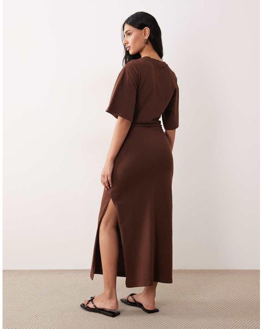 ASOS Brown Short Sleeve V Neck Midaxi Ruched T Shirt Dress With Split