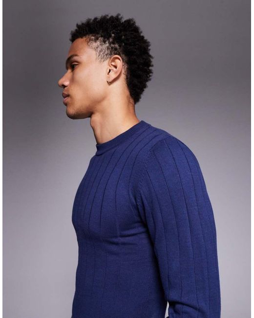 ASOS Blue Muscle Fit Long Sleeve Knitted Rib T-shirt for men